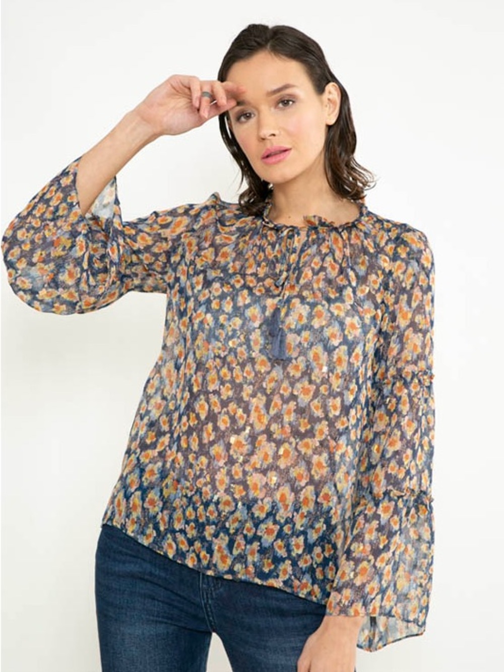 lovestitch Sheer Floral Tie-Neck Blouse